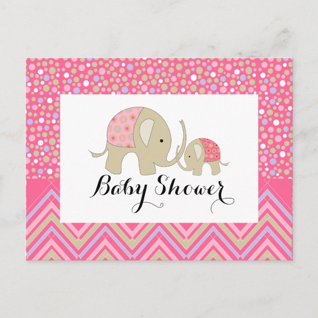 Postal De Invitación Elefante bohemio rosa y Baby Shower Chevron (Anverso)