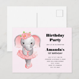 Postal De Invitación Elefante Cute Ballerina Cumpleaños Rosa y Gris