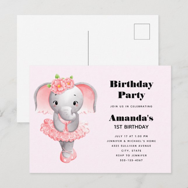 Postal De Invitación Elefante Cute Ballerina Cumpleaños Rosa y Gris (Anverso / Reverso)