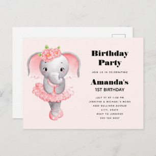 Postal De Invitación Elefante Cute Ballerina Cumpleaños Rosa y Gris