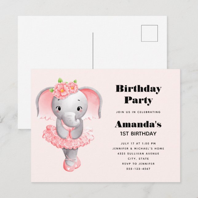 Postal De Invitación Elefante Cute Ballerina Cumpleaños Rosa y Gris (Anverso / Reverso)