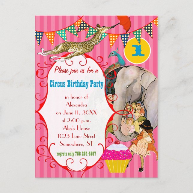 Postal De Invitación Elefante de Circo de un año de edad Peacock Giraff (Anverso)