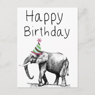 Postal De Invitación Elefante del feliz cumpleaños en el gorra,