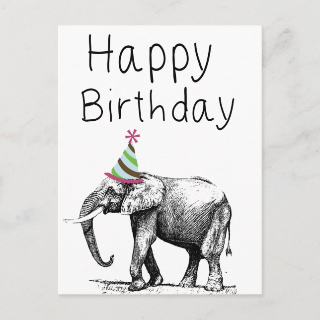 Postal De Invitación Elefante Feliz Cumpleaños En Gorra, Celebración (Anverso)