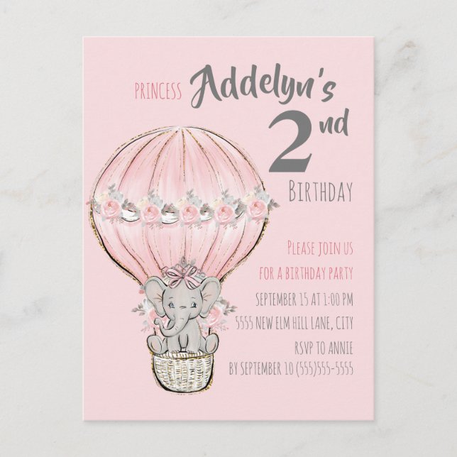 Postal De Invitación Elefante Princesa Rosa Balón de aire caliente Cump (Anverso)