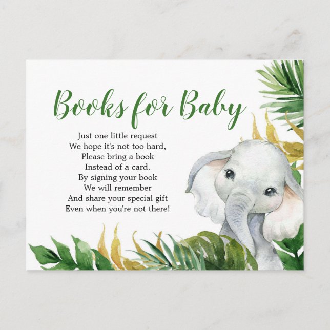 Postal De Invitación Elefante tropical Libros de Baby Shower para bebé (Anverso)