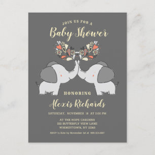 Postal De Invitación Elefantes grises Género Neutral Cute Baby Shower