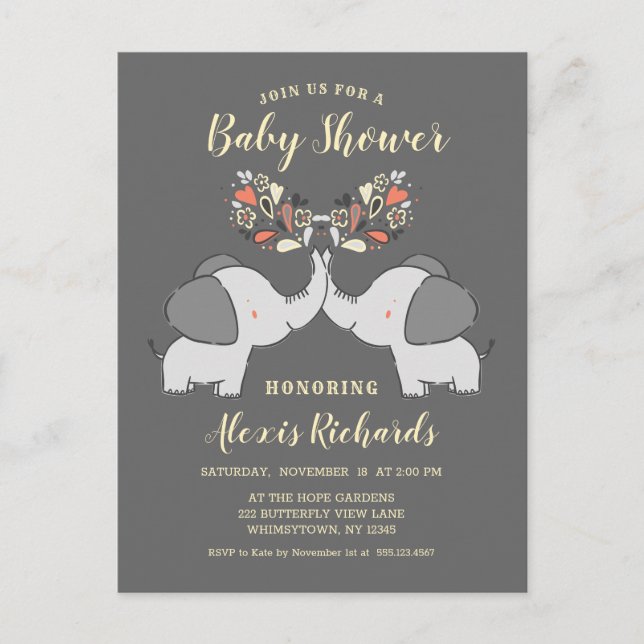 Postal De Invitación Elefantes grises Género Neutral Cute Baby Shower (Anverso)