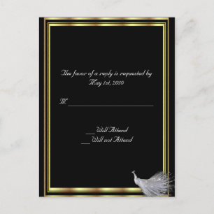 Postal De Invitación Elegancia de pavo real en negro, oro y blanco