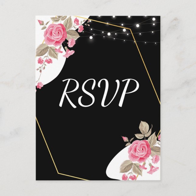 Postal De Invitación Elegancia moderna luz de cadena floral rosa RSVP (Anverso)