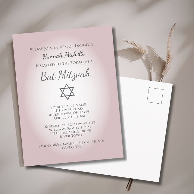 Postal De Invitación Elegant Blush Pink Simple Feminine Bat Mitzvah  (Subido por el creador)