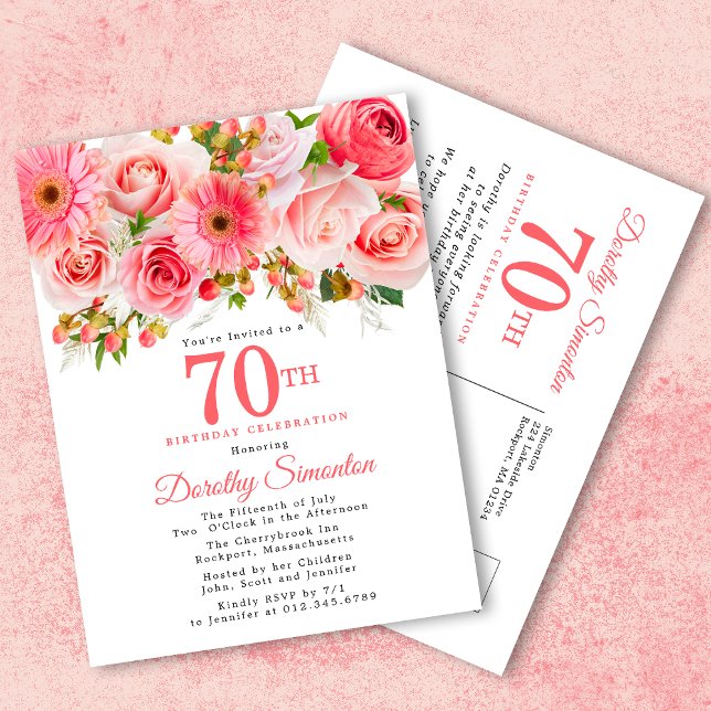 Postal De Invitación Elegant Pink Floral 70th Birthday (Subido por el creador)