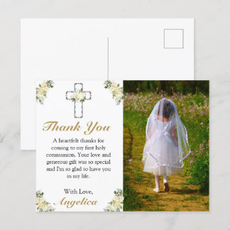 Postal De Invitación Elegante 1ª Cruz Floral De Santa Comunión Gracias