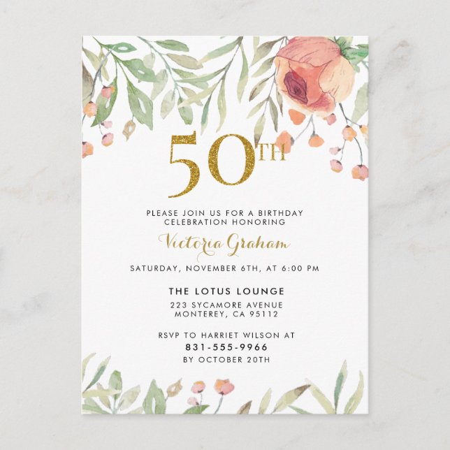 Postal De Invitación Elegante 50.º Fiesta de Rosas acuáticos de cumplea (Anverso)