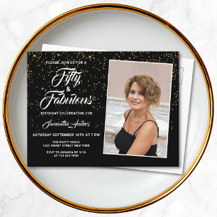 Postal De Invitación Elegante 50 y fabulosa foto Purpurina de oro negro