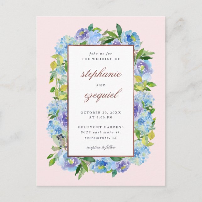 Postal De Invitación Elegante acuarela azul Hydrangeas Boda floral (Anverso)