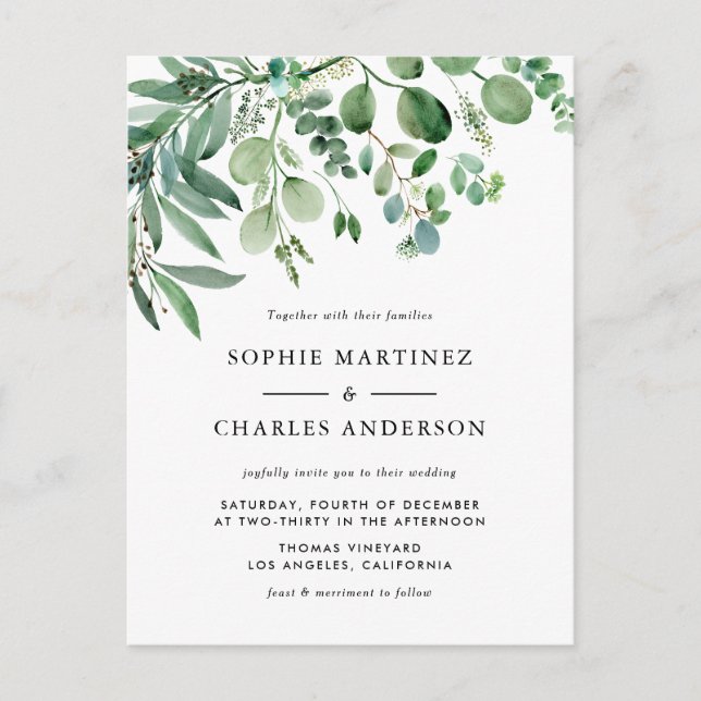 Postal De Invitación Elegante acuarela Eucalyptus Greenery Boda (Anverso)