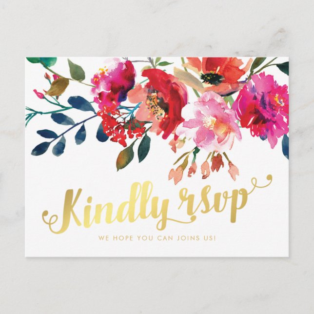 Postal De Invitación Elegante acuarela floral Boda blanca de oro RSVP (Anverso)