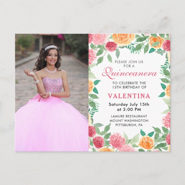 Postal De Invitación Elegante acuarela Floral Foto Quinceanera Invite (Anverso)