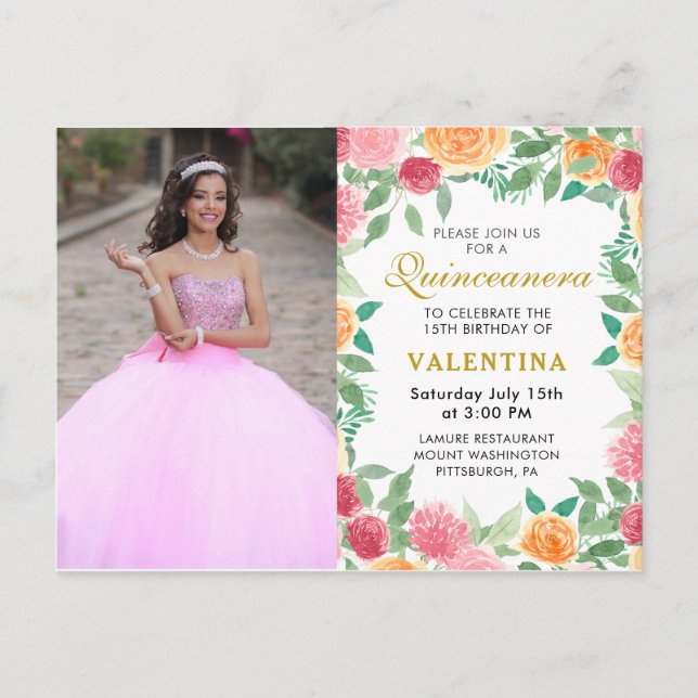 Postal De Invitación Elegante acuarela Floral Quinceanera Foto (Anverso)