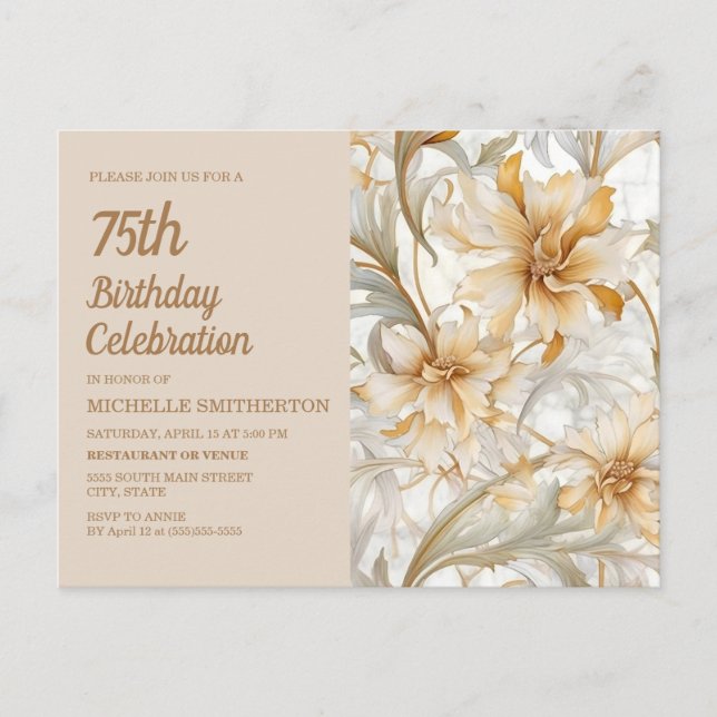 Postal De Invitación Elegante acuarela Neutral Floral 75º cumpleaños (Anverso)