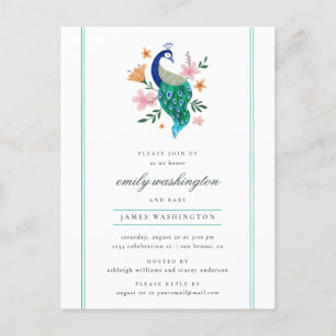 Postal De Invitación Elegante acuarela Peacock Boy Baby Shower