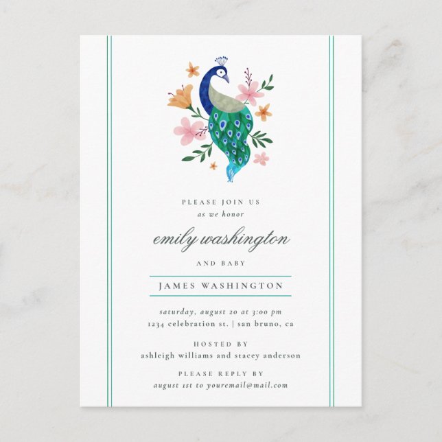 Postal De Invitación Elegante acuarela Peacock Boy Baby Shower (Anverso)