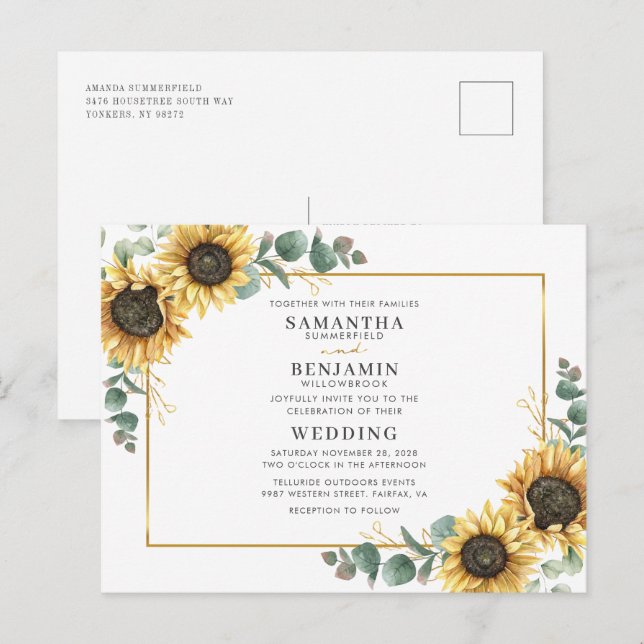 Postal De Invitación Elegante acuarela Sunflower Eucalyptus Boda (Anverso / Reverso)