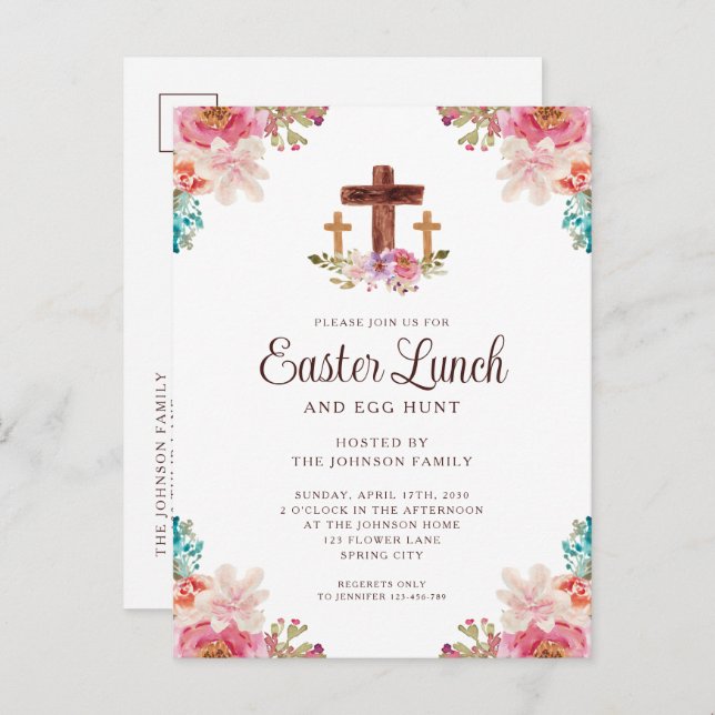 Postal De Invitación Elegante almuerzo de Pascua de la Cruz Floral (Anverso / Reverso)