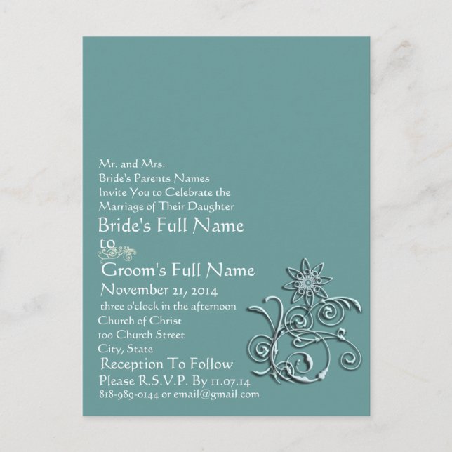 Postal De Invitación Elegante Aqua Blue Flower Wedding (Anverso)