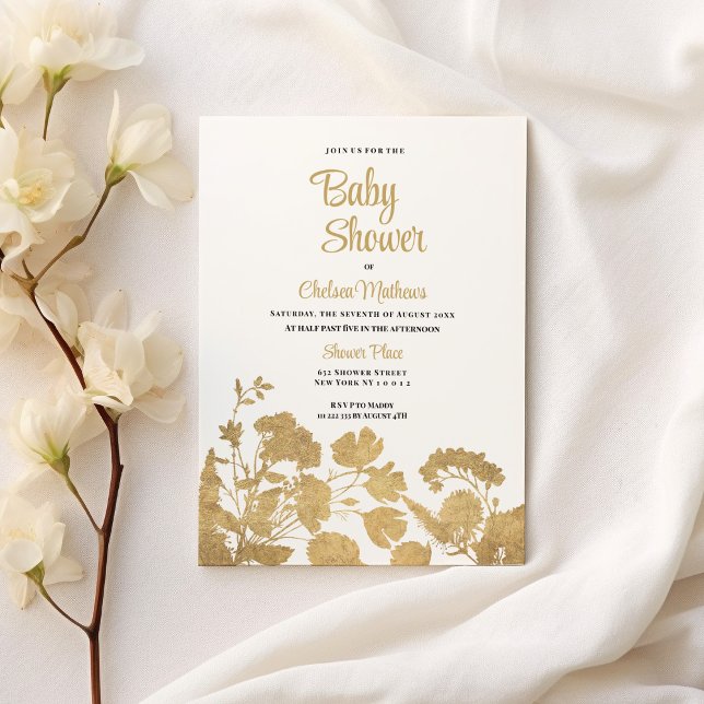 Postal De Invitación Elegante Baby Shower de oro blanco (Elegant white gold wildflower luxury Baby Shower )