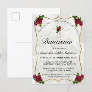 Postal De Invitación Elegante Bautismo de Bebé de Oro Rosa Rojo