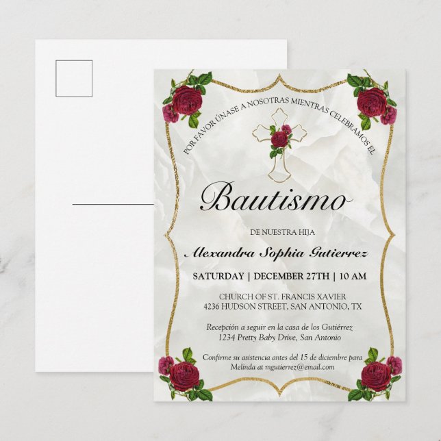 Postal De Invitación Elegante Bautismo de Bebé de Oro Rosa Rojo (Anverso / Reverso)