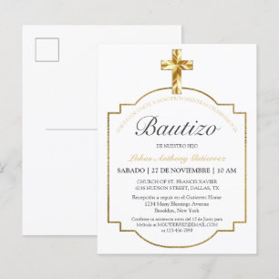 Postal De Invitación Elegante Bautismo de Niños Con Cruz Dorada