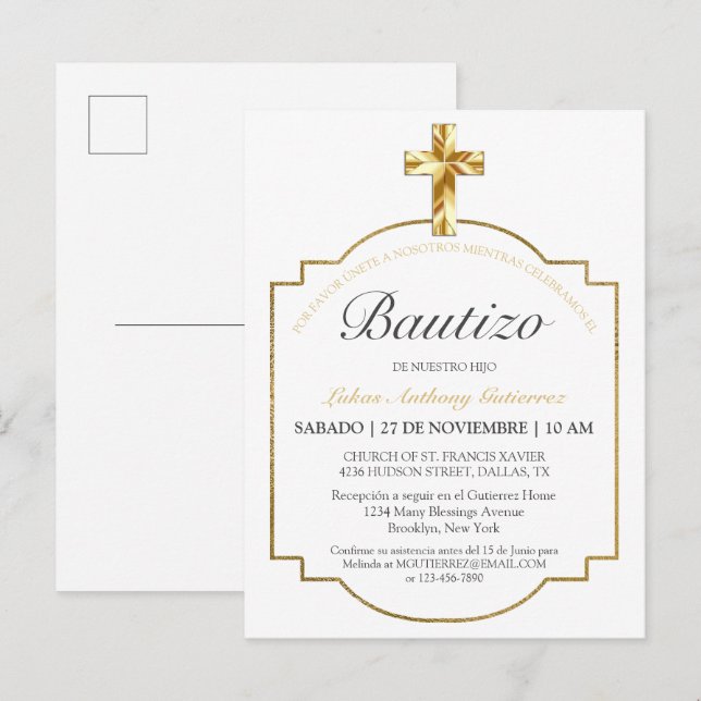 Postal De Invitación Elegante Bautismo de Niños Con Cruz Dorada (Anverso / Reverso)
