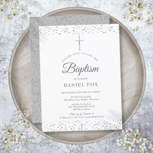 Postal De Invitación Elegante bautismo plateado Stardust Baptism Christ (Elegant Silver Stardust Baptism Christening Invitation Postcard)