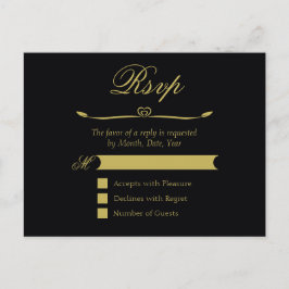 Postal De Invitación Elegante Black and Gold Heart Fourit RSVP