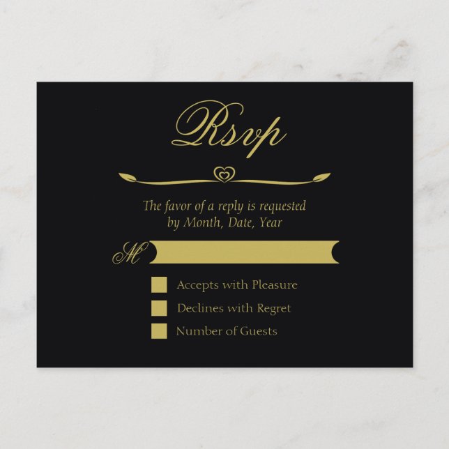 Postal De Invitación Elegante Black and Gold Heart Fourit RSVP (Anverso)