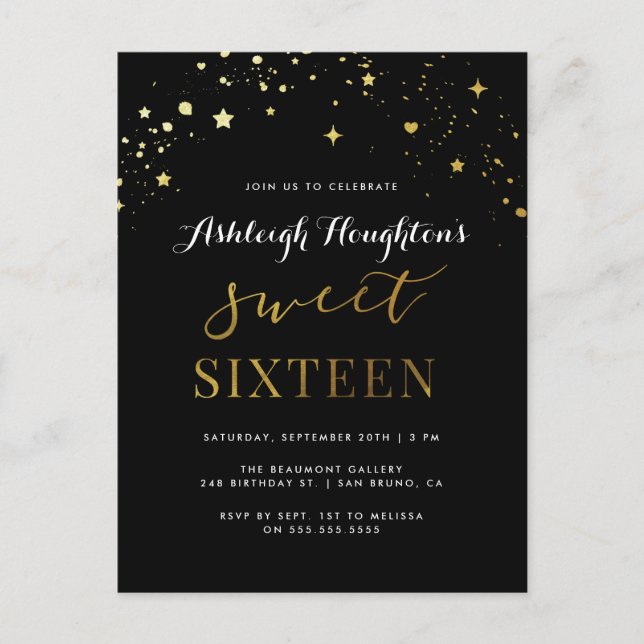 Postal De Invitación Elegante Black & Gold Star Confetti Sweet 16 (Anverso)