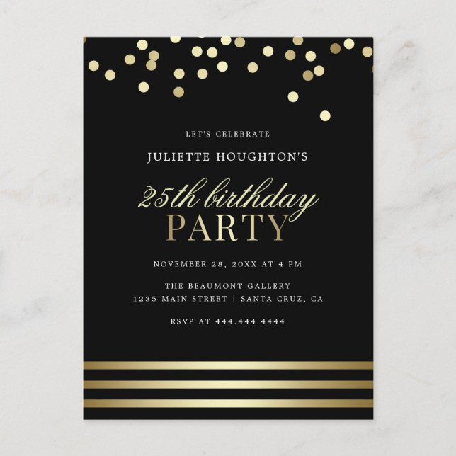 Postal De Invitación Elegante Black Trendy Confetti Glossy Cumpleaños (Anverso)