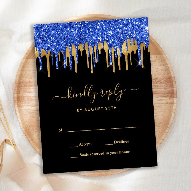 Postal De Invitación Elegante Blue Black Gold Purpurina Drips Boda RSVP (Subido por el creador)
