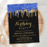 Postal De Invitación Elegante Blue Gold Black Purpurina Drins Cumpleaño<br><div class="desc">Invite a amigos y familiares a su fiesta de cumpleaños con estas elegantes invitaciones para fiestas de cumpleaños y suministros de fiesta azules, dorados y negros. Estas invitaciones azules y negras de cumpleaños también son perfectas para fiestas de retiro y graduación y celebraciones, solamente cambiar el evento en la pestaña...</div>