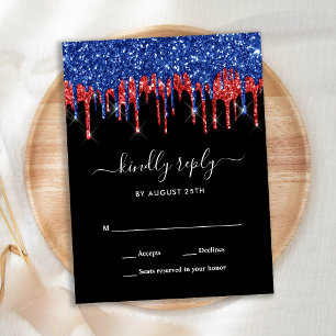 Postal De Invitación Elegante Blue Red Black Purpurina Drips Boda RSVP