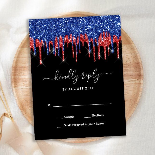 Postal De Invitación Elegante Blue Red Black Purpurina Drips Boda RSVP (Subido por el creador)