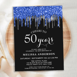 Postal De Invitación Elegante Blue Silver Purpurina negro Drip 50 cumpl