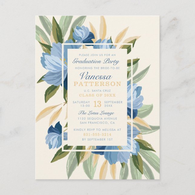 Postal De Invitación Elegante Blue Spring Daisies Graduación Botánica (Anverso)