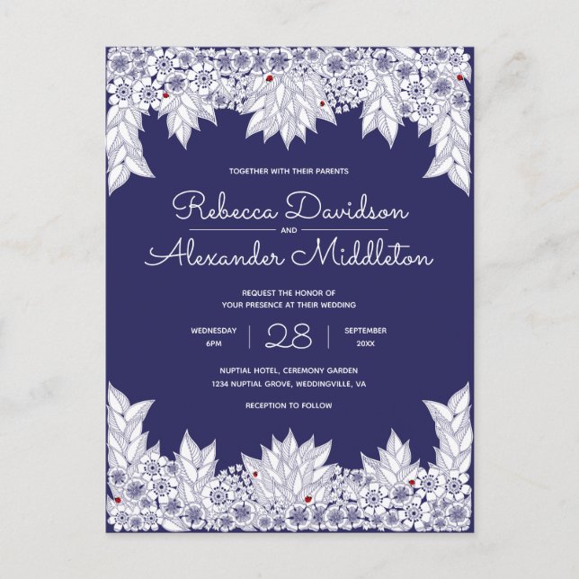 Postal De Invitación Elegante Boda blanco azul (Anverso)