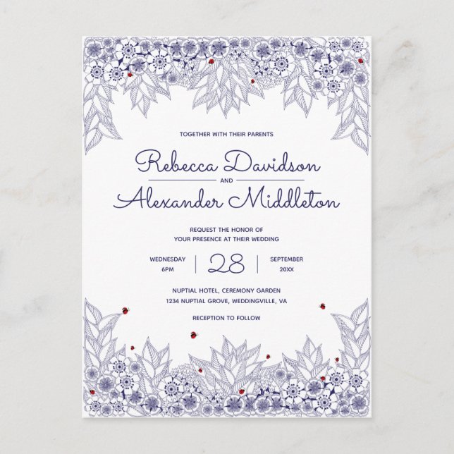 Postal De Invitación Elegante Boda blanco azul (Anverso)
