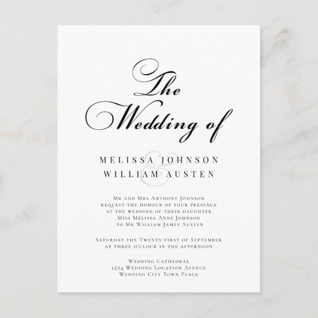 Postal De Invitación Elegante Boda blanco y negro (Anverso)