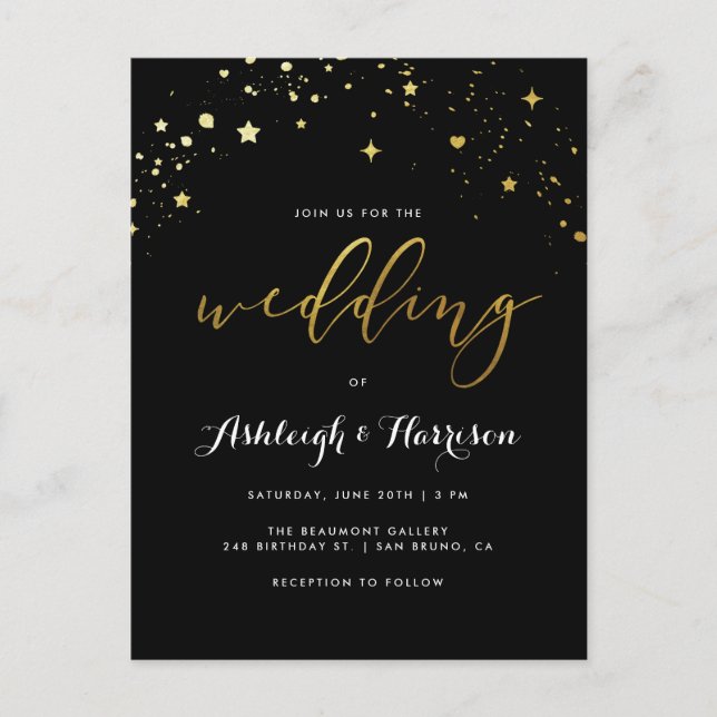 Postal De Invitación Elegante Boda de Confetti Black & Gold Star (Anverso)